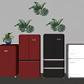 Red Black White Refrigerators in Different Styles with Small Potted Plants Alongside 3d model