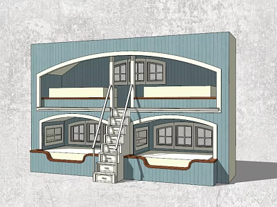 Modern Bunk Bed Design With Ladder And Windows For Small Room Interior 3d model