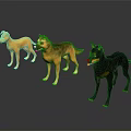 Three Different Colored Dogs 3D Models in Standing Poses with Shiny Reflections