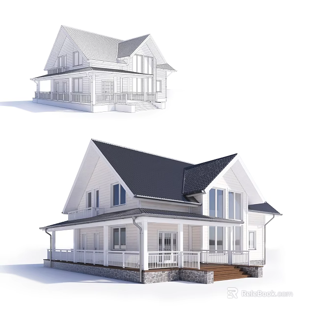 Single Family Detached House With White Exterior Black Roof And Front Porch Steps 3d model 