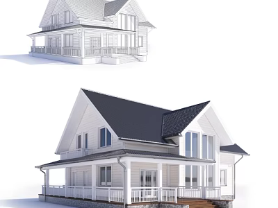 Single Family Detached House With White Exterior Black Roof And Front Porch Steps 3d model