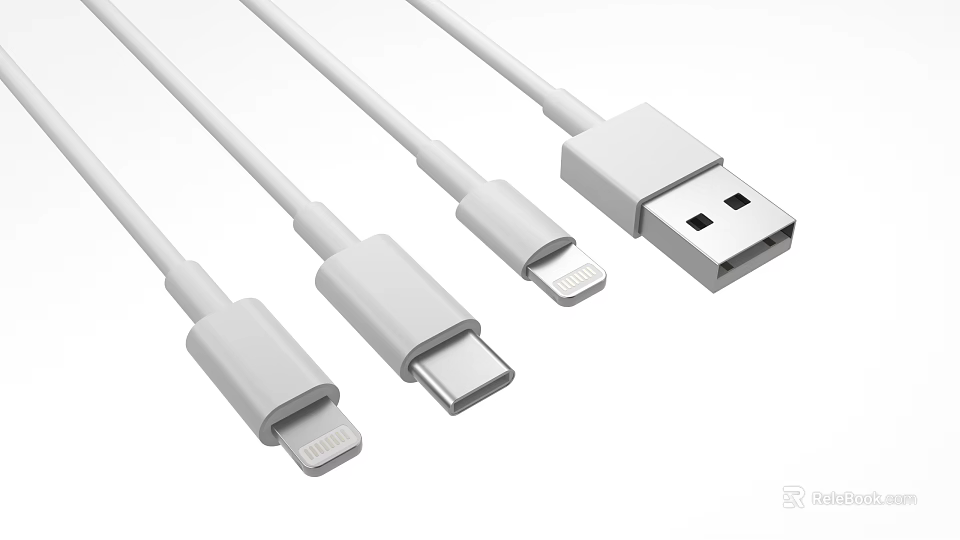 White Phone Charging Data Cables With USB C Lightning USB A Connectors 3d model 