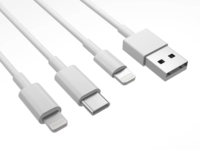 White Phone Charging Data Cables With USB C Lightning USB A Connectors 3d model
