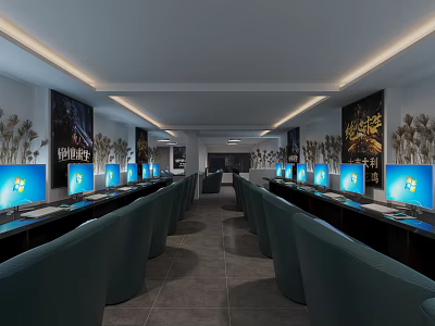 Modern Internet Cafe Interior Featuring Row Of Computers Blue Screens And Comfortable Chairs 3d model