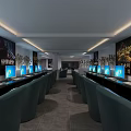 Modern Internet Cafe Interior Featuring Row Of Computers Blue Screens And Comfortable Chairs