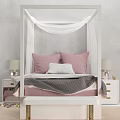 White Four Poster Double Bed with Pink Pillows Gray Blanket and Bench in Gray Bedroom