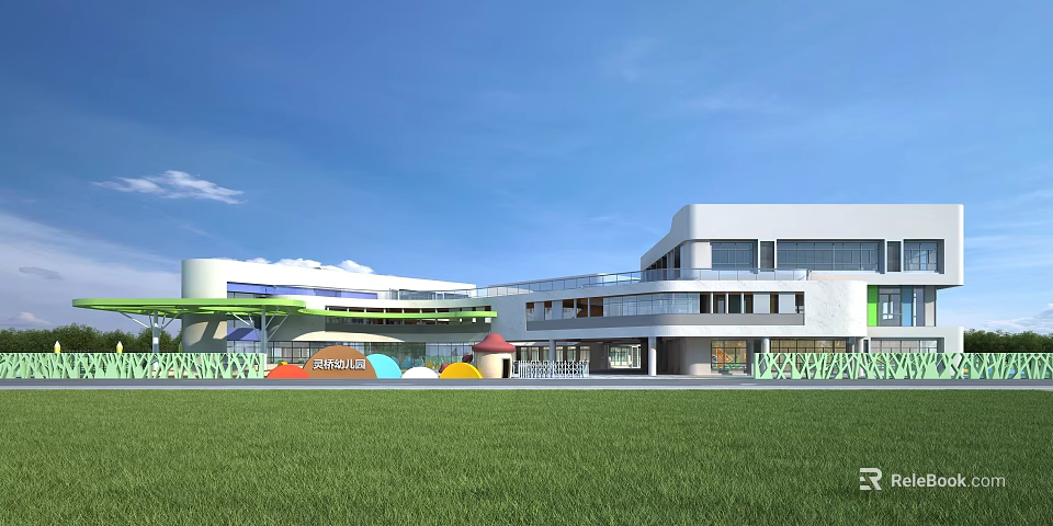 Modern School Building with Green Lawn Colorful Umbrella Structures Large Windows and Bright Exterior Design 3d model 