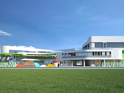 Modern School Building with Green Lawn Colorful Umbrella Structures Large Windows and Bright Exterior Design 3d model