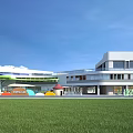 Modern School Building with Green Lawn Colorful Umbrella Structures Large Windows and Bright Exterior Design