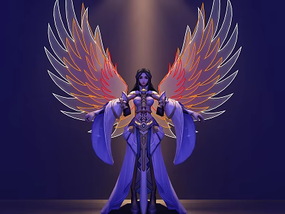 Elegant Game Movie Character With Purple Robe Vibrant Red Orange Wings Arms Outstretched Dark Background 3d model