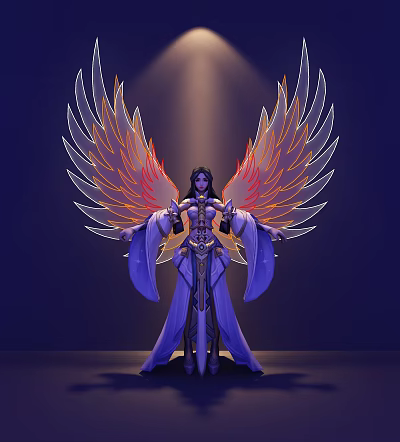 Elegant Game Movie Character With Purple Robe Vibrant Red Orange Wings Arms Outstretched Dark Background 3d model