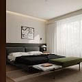 Modern Bedroom Interior With Bed Green Bench Wall Artwork Circular Decor And White Curtains 3d model