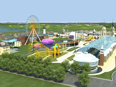Vibrant Amusement Park Scenery With Ferris Wheel Roller Coaster Colorful Buildings And Green Trees 3d model