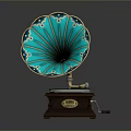 Vintage Phonograph with Turquoise Horn Gold Accents and Wooden Base in Retro Style