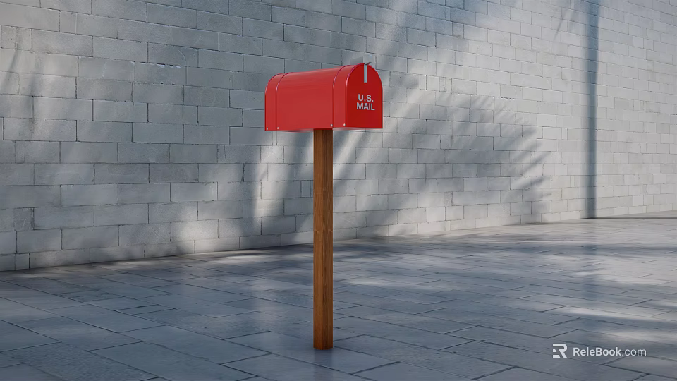 Red Commercial Mailbox with U.S. MAIL Sign on Wooden Post Against Gray Brick Wall 3d model 