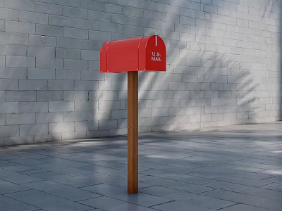 Red Commercial Mailbox with U.S. MAIL Sign on Wooden Post Against Gray Brick Wall 3d model
