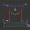 Japanese Torii Gate Structure With Stone Steps Green Grass Purple Flowers And Banners