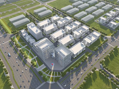 Modern Industrial Factory Buildings Aerial View With Industrial Park Layout Roads And Green Areas 3d model