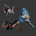 Two Women Characters in Dark Horned Outfit Holding Apple and Blue Attire Wielding Long Sword