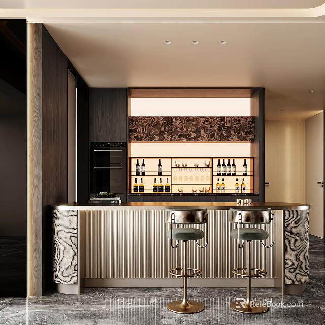 Elegant Modern Sideboard With Bar Counter Stools Decorative Backsplash And Wine Bottles 3d model 