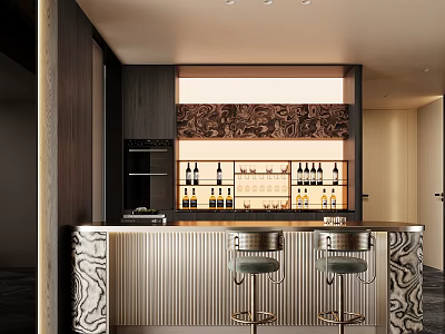 Elegant Modern Sideboard With Bar Counter Stools Decorative Backsplash And Wine Bottles 3d model