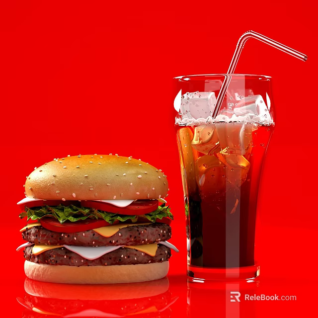 Tasty Cheeseburger With Sesame Bun Fresh Lettuce Tomato And Iced Cola Drink 3d model 