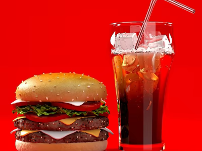 Tasty Cheeseburger With Sesame Bun Fresh Lettuce Tomato And Iced Cola Drink 3d model