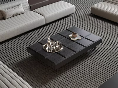 Modern Living Room Interior With Black Geometric Coffee Table Decorative Tray And Gray Sofa 3d model