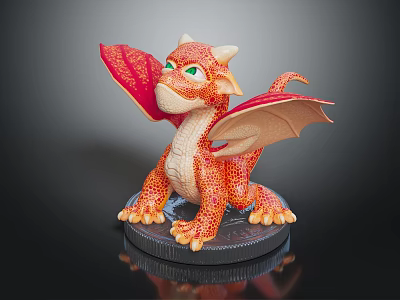 Red Dragon Figure With Orange Yellow Spots Green Eyes And Wings On Black Base 3d model