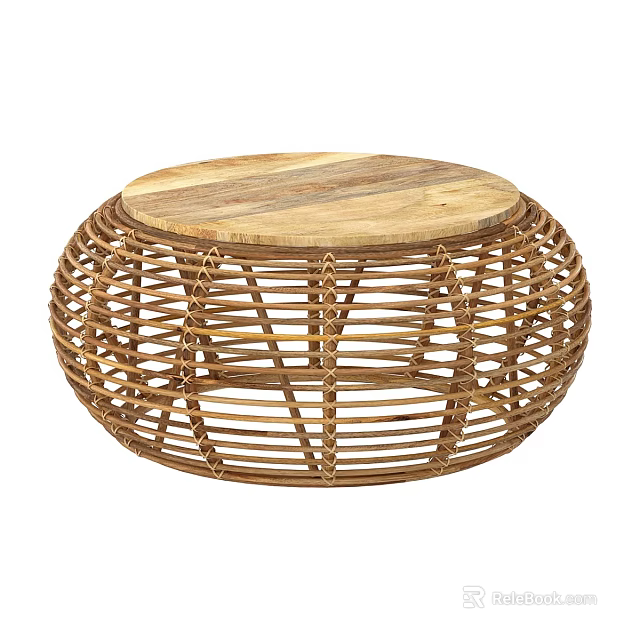 Natural Rattan Round Coffee Table With Wooden Top And Woven Frame Design 3d model 