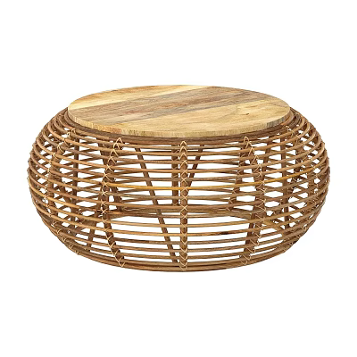 Natural Rattan Round Coffee Table With Wooden Top And Woven Frame Design 3d model