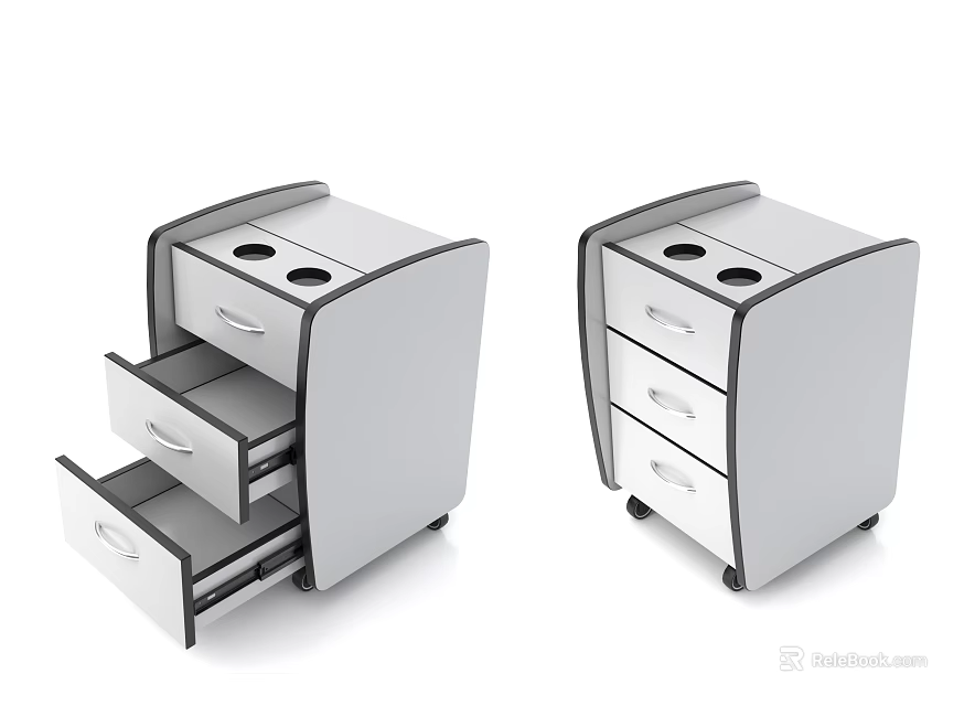 Modern White Side Table With Drawers Top Holes Black Trim And Wheels 3d model 