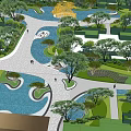 Tranquil Garden Landscape With Winding Pathway Blue Water Pools Small Bridge And Lush Trees