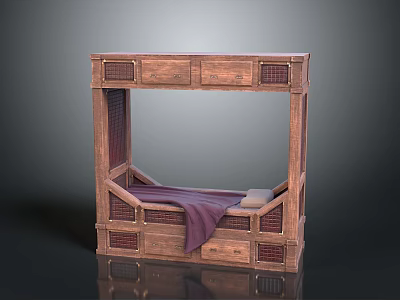 Wooden Bed Frame With Lattice Design Storage Drawers And Purple Cloth 3d model