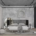Modern Neutral Bedroom Interior With Circular Wall Art Dark Wooden Headboard And White Bedding