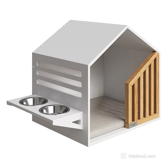 White Pet House With Wooden Accents Metal Bowls Tray And Soft Mat 3d model 