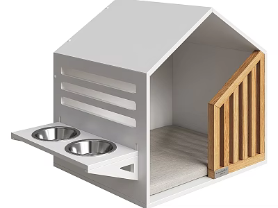 White Pet House With Wooden Accents Metal Bowls Tray And Soft Mat 3d model