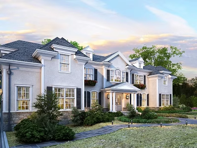 Elegant Single Family House Exterior With White Siding Gray Roof And Landscaped Lawn 3d model
