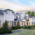 Elegant Single Family House Exterior With White Siding Gray Roof And Landscaped Lawn