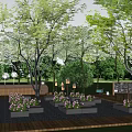 Garden Landscape With Wooden Deck Flower Planters Pebble Ground Seats And Lush Lawn