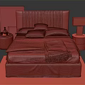 Double Bed with Red Velvet Headboard Striped Bedspread Colorful Pillows Plaid Blanket and Bedside Lamps