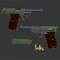 Two Vintage Pistols With Wooden Grips Magazine And Bullets On Dark Surface