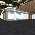 Shopping Mall Lobby Interior With Green Structure Large Glass Windows And Black Flooring