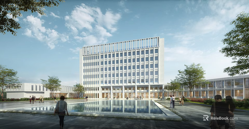 Modern School Building with White Exterior Glass Windows Front Pool Surrounding Trees and People Walking 3d model 