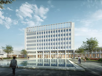 Modern School Building with White Exterior Glass Windows Front Pool Surrounding Trees and People Walking 3d model