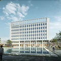 Modern School Building with White Exterior Glass Windows Front Pool Surrounding Trees and People Walking