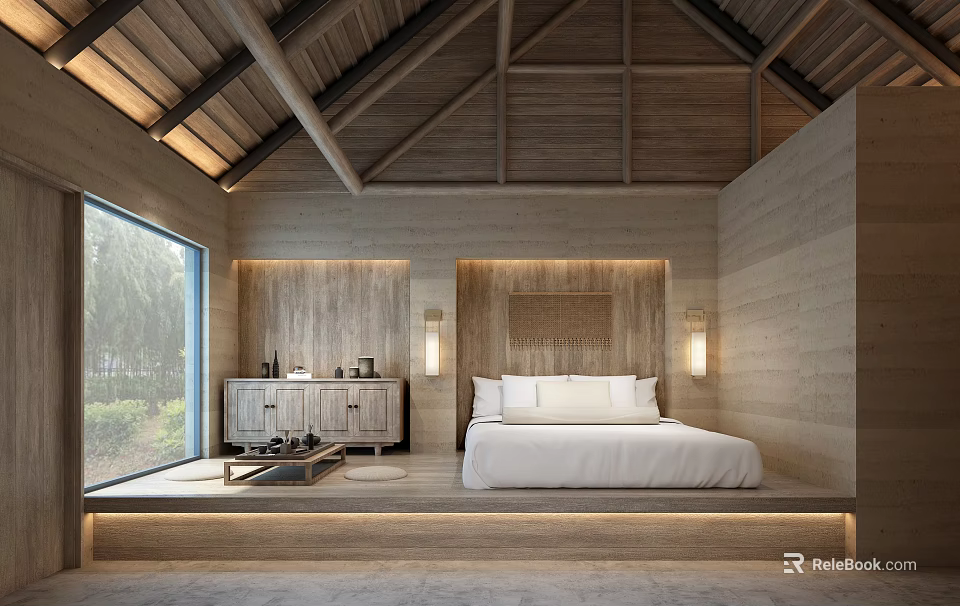 Modern Hotel Guest Room With Wooden Roof Large Windows Wooden Walls And Comfortable Bed 3d model 