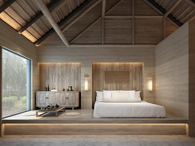 Modern Hotel Guest Room With Wooden Roof Large Windows Wooden Walls And Comfortable Bed 3d model