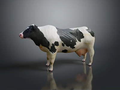 Black and white spotted cow standing on gray background with reflection 3d model