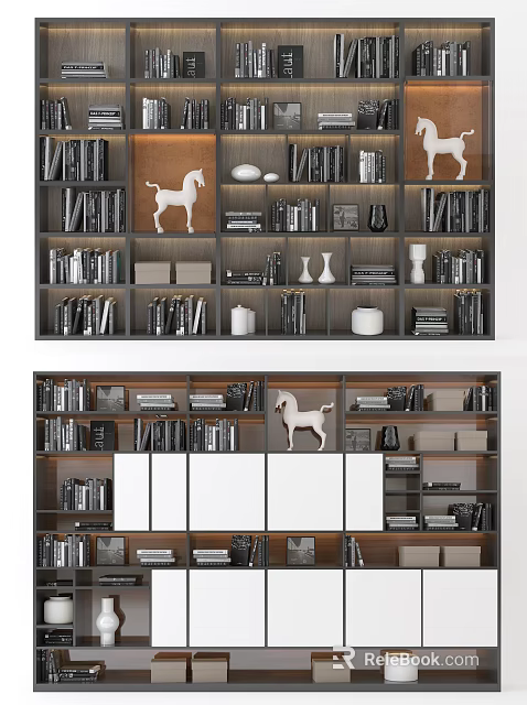 Modern Bookshelf Interior With Books Decorative Horse Figurine Vases And Storage Boxes 3d model 